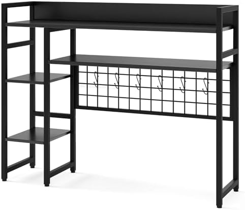 Desktop Bookshelf, Desk Hutch with 4 Shelves, 6 Hooks, Desk Shelves with Metal Grid Panel for Study, Office, Bedroom, Kitchen (Black) by FIREFLOWERY