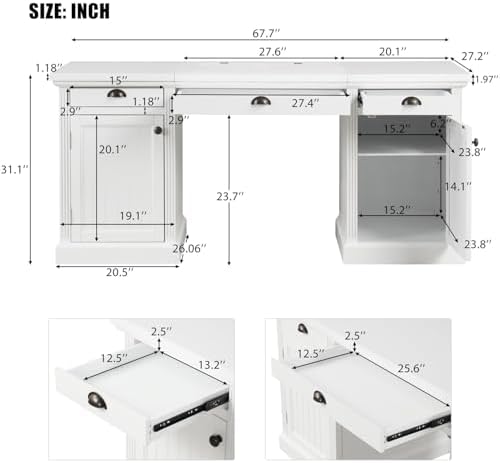 67" Large Executive Office Desk, Modern White Wood Office Computer Desk, Rectangle Home Office Desk with 2 Wooden Doors Storage Cabinet and 3 Drawers, Writing Table,Workstation (White, 67") - Image 2