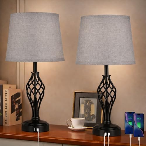 Ruiever Touch Table Lamps Set of 2, nightstand lamp with USB Ports Bedside 3 Way Touch dimmer Desk lamp for Living Room Bedroom,Black Painted Spiral cage Base Design Warm White dimmer Bulbs Included. by Ruiever