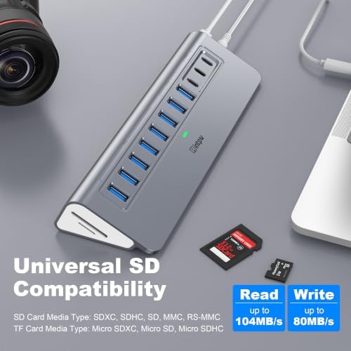 Powered USB Hub 10Gbps, Intpw YH9AC Plus 13-Port USB 3.2 Hub(USB A+USB C 3.2+6 USB-A 3.0+2 PD 45W Fast Charging Port+SD/TF Card Reader), 65W Power Adapter,Aluminum USB HUB for PC,Laptop,iPhone 17/16 - Image 5