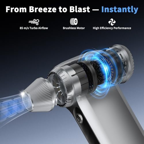 Electric Air Duster 200000RPM Brushless Motor, Cordless Compressed Air Blower with 4 Nozzles & 2 Brushes, 85m/s Powerful Rechargeable Cleaner for PC, Car, Keyboard & Electronics (Silver) - Image 2