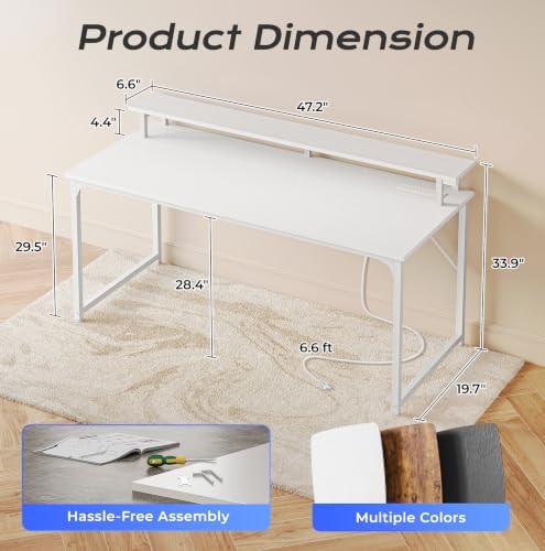 PRAISUN 48 inch Gaming Desk, LED & Power Outlets, Monitor Stand, White - Image 3