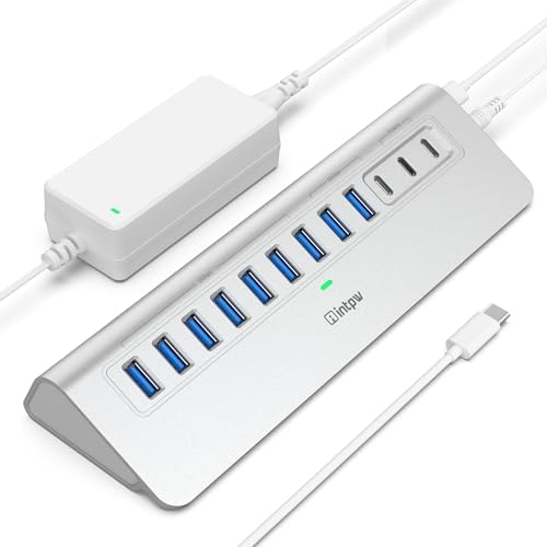 Powered USB Hub 10Gbps, intpw YH9AC 12-Port USB 3.2 Hub (USB C 3.2+2 USB A 3.2, 7 USB 3.0, 2 PD 45W Charging Ports), 65W Power Adapter + 3.3FT Cable, Aluminum USB Hub for PC/Laptop/iPhone 17/16/PC by intpw