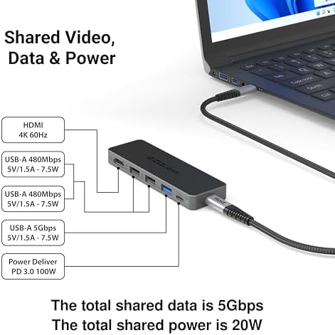 USB-C 5-in-1 Hub Pro Series: 4K 60Hz HDMI, 100W PD Charging, USB 3.0 Data, 20" Detachable Cable. Multiport Adapter for MacBook - Image 2