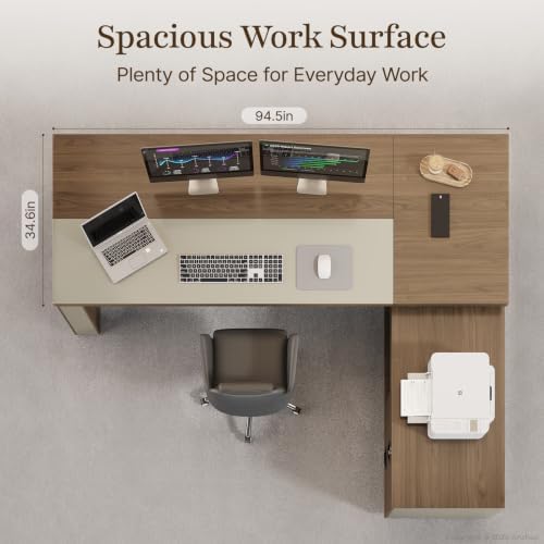 95" Reversible L-Shaped Executive Desk with Drawers – Luxury Office Desk with Open Shelves, LED Lighting, Built-in Outlet & USB Ports for Home, Office, Corporate, School (Black Walnut & Khaki) - Image 6