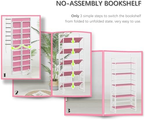 4NM No Assembly 6 Tier Folding Bookshelf Tall Storage Shelves Vintage Bookcase Standing Racks Study Organizer Home Office - Image 6