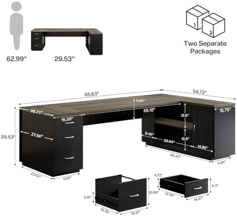 Tribesigns 85.8-Inch L-Shaped Executive Office Desk with File Drawers & Storage Cabinet, Professional Corner Computer Desk Extra Large Business Workstation with Adjustable Shelves (Gray&Black) - Image 2