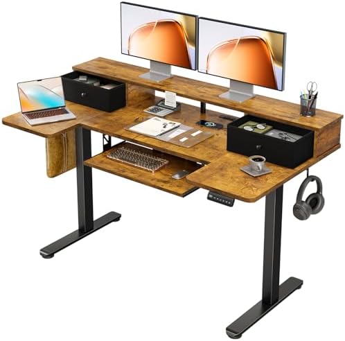 OffiGo 55 Inch U Shape Standing Desk, Keyboard Tray & Drawers, Rustic Brown by OfficeGo-ForHomeOfficeWork