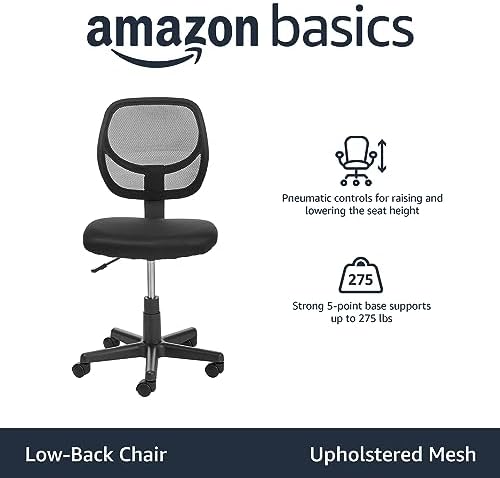 Amazon Basics Low Back Office Chair, Breathable Mesh, Height Adjustable, Padded Seat, Rolling Wheels, Swivel, Back Support, Sturdy, 21.25" D x 22.5" W x 38" H, Black - Image 4