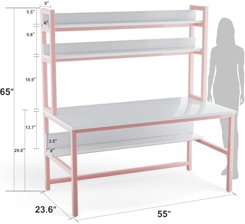 Aquzee Pink Desk with Shelves, Computer Desk with Hutch, 55 Inch - Image 3