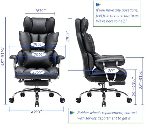 Efomao Big and Tall Office Chair with Foot Rest 400LBS, PU Leather Computer Chair, Heavy Duty Executive Office Chair with Lumbar Support, Black Home Office Chairs - Image 3
