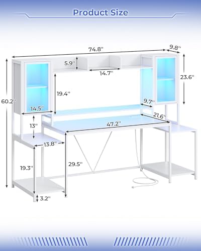 SEDETA Gaming Desk 75'' with LED Lights, Hutch and Storage Shelves, White - Image 2