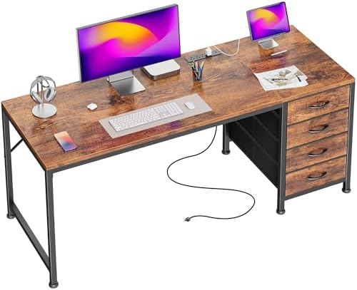 PRAISUN 55.1 Inch Computer Office Desk with Power Outelts and USB-C Port, Reversible Gaming Desk with 4 Fabric Drawers, Work Study Desk Work from Home, Rustic Brown by PRAISUN