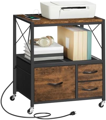 MAHANCRIS File Cabinet with Charging Station, 3 Drawer Lateral Filing Cabinet for Home Office, Mobile Printer Stand with Open Shelf, Fits A4/Letter Size File, Nonwovens Drawer, Rustic Brown FCHR98E01 by MAHANCRIS