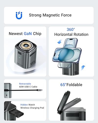 ACEFAST 6-in-1 100W GaN Fast Charging Station for iPhone 17 16 Series,with USB C Retractable Cable,Qi2 25W Magnetic Wireless Charger Desktop Stand for iWatch/for Samsung Galaxy Watch/Airpods - Image 3