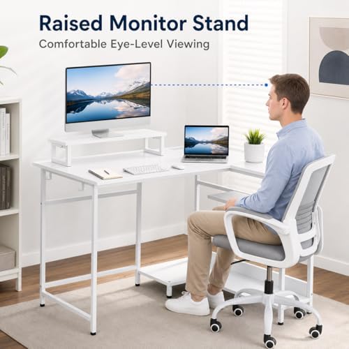 DEVAISE 47" L Shaped Gaming Desk with LED Lights and Power Outlets - Spacious Corner Computer Table with Monitor Stand and Storage Shelves for Work and Gaming, White - Image 6