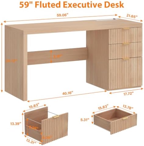 60" Fluted Executive Desk with Ample File Drawer & Large Charging Station, Wood Modern Home Office Desk with Storage, Computer Writing Desk for Work, Living Room, Bedroom, Durable & Sturdy, Natural - Image 2