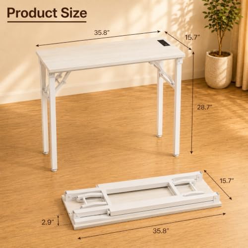 Folding Table Computer Desk - 35.8" No Assembly Folding Desk with Power Outlets & USB Charging Port, Small Desk, Foldable Office Desk, Compact Storage Portable Use for Small Space, White Ash - Image 3