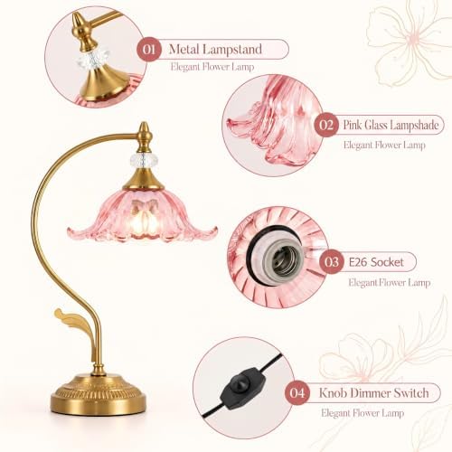 Vintage Floral Table Lamp, Plug in Mid-Century Modern Desk Lamp with Transparent Glass Shade, Gold Bedside Table Lamp Dimmable for Bedroom Living Room Home Office - Image 5