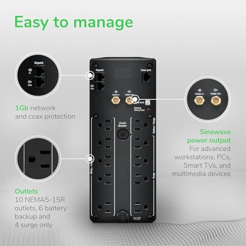 APC UPS 1000VA/600W Pure Sine Wave UPS for Computer, Electronics, BR1000MS - Image 2