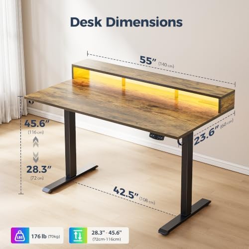 Klicelor Electric Standing Desk with Shelf, 55 Inch Height Adjustable Desk with Power Outlets & LED, Sit Stand Up Table with Monitor Stand, Computer Workstation for Home Office, Rustic Brown - Image 3