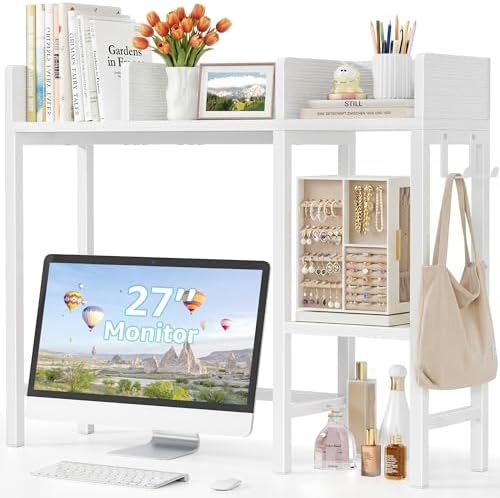 BOLUO Desk Hutch Dorm Room, Desktop Bookshelf for Computer Desk 37" Hutch Organizer Tabletop Storage Rack for College Essentials Home Office White by BOLUO