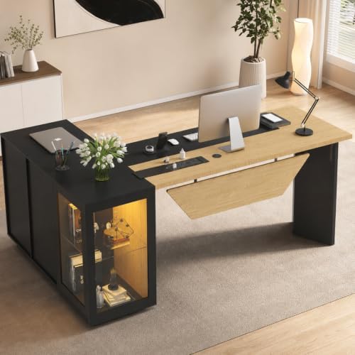 74.4" L-Shaped Executive Desk, Large Office Desk, Black + Light Wood by Oakvera