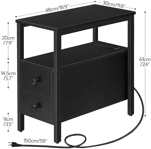 HOOBRO End Table with Charging Station, Narrow Side Table with 2 Drawer & USB Port & Power Outlets, Nightstand for Small Spaces, Stable and Sturdy, for Living Room, Bedroom, Black BK541BZ01 - Image 3