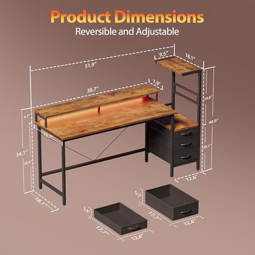 Mericonia 52 inch Gaming Desk with Drawers, Reversible Computer Desk, Brown - Image 2