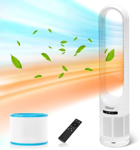 Hiluce 3-in-1 Bladeless Fan with Air Purifier,Powerful Fan and Heater Combo HEPA Filter 99.97%,Quiet Tower Fans with Remote,Tip-Over Switch,80°Oscillating, 8 Speeds, 9H Timer for Bedroom, Office by Hiluce