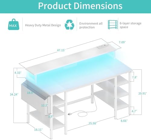 Lufeiya White Desk with Storage Shelves - 47 inch Home Office Gaming Desk with Monitor Stand, Computer Desk with LED Lights and Power Outlets, White - Image 2