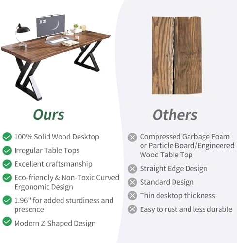 Solid Wood Desk 63 Inches, Live Edge Wooden Home Office Computer Desk Metal Frame Modern Simple Design Executive Real Wood Desk for Writing Study Dining Gaming - Image 4