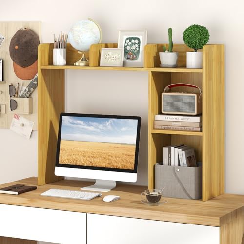 Desktop Bookshelf, 3-Tier Wood Countertop Bookcase with 5 Shelves, Desk Hutch for College Dorm, Multipurpose Desk Organizer Shelf Display Rack for Home Office, Hutch Top Only - Image 2