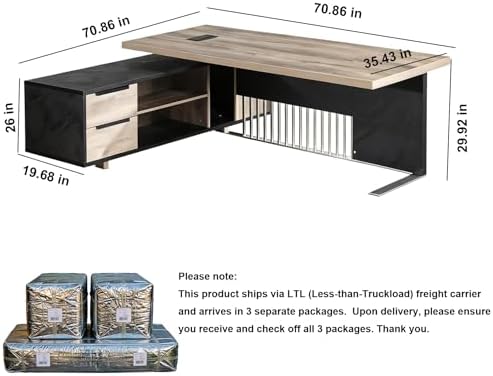 70.86 Inch Large Executive Desk with Drawers Cabinet, L Shaped Office Desk, Computer Desk with Universal Charging Ports and Cable Management for Business Furniture Set Workstation for Home Office - Image 2