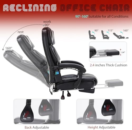Massage Office Chair with Foot Rest 6 Points Vibration and Heat Home Office Desk Chairs for Heavy People 400lbs Reclining Managerial Chairs Ergonomic Executive Chair (Black) - Image 5