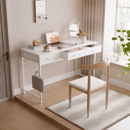Pamray 47 Inch Small Computer Desk with 3 Drawers for Bedroom Study Writing Home Office Table for Small Spaces White - Image 2