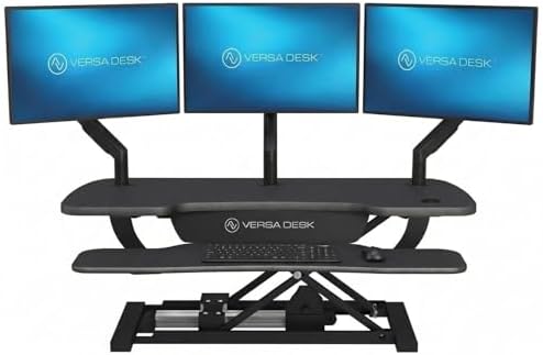 VERSADESK PowerPro 40 Inch Electric Standing Desk Converter – Push-Button Height Adjustable Sit to Stand Desk Riser for Triple Monitors & Laptop – Motorized Desktop Workstation with Wide Keyboard Tray by VERSADESK