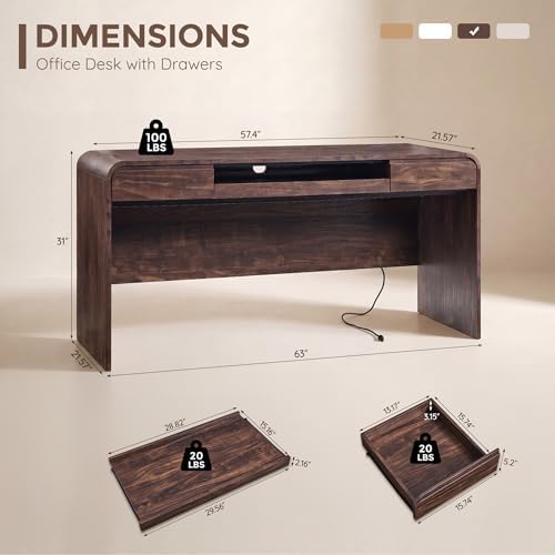 63" Modern Computer Desk with 2 Drawers, Wood Curved (Brown) - Image 2