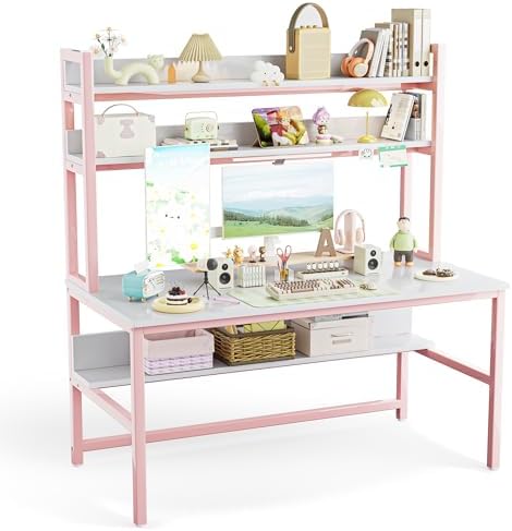 Aquzee Pink Desk with Shelves, Computer Desk with Hutch, 55 Inch by Aquzee