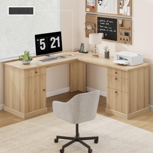 Garvee 60" Fluted L Shaped Desk with File Drawer, Corner Desk with Storage by Garvee