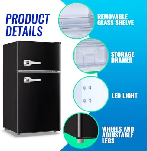 Mini Refrigerator with Freezer Small Fridge Double Door Side Drink Holder Adjustable Glass Shelves, Plastic Crisper, 7 Level Temperature Control for Bedroom, Office, Apartment Black - Image 5