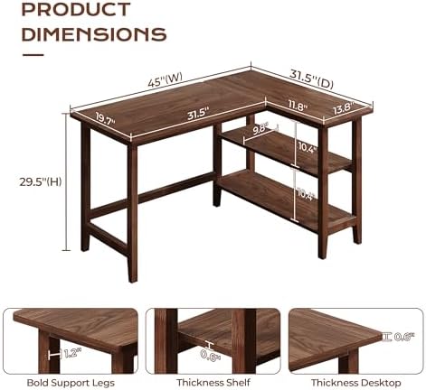 IOTXY 45" Reversible L-Shaped Office Desk with Storage Shelves, Walnut - Image 2