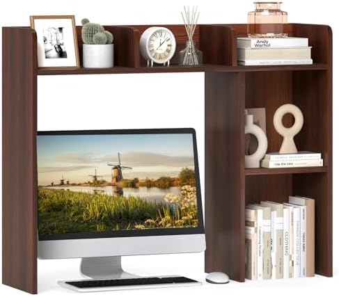 MAT EXPERT Desk Organizer, Wooden Desktop Shelf for 27 Inch Monitor with 5 Shelves & Non-Slip Foot Pads, Anti-Tipping Device, Multipurpose Desk Hutch for Study, Office, Dorm (Walnut) by MATEXPERT