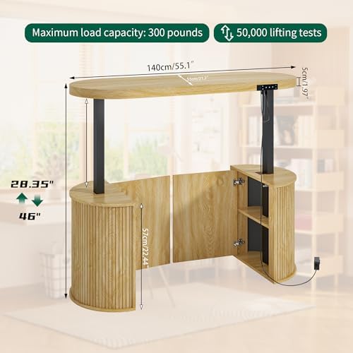 Mid Century Modern Electric Standing Desk with Storage, 55 x 22 Inch Small Sit Stand Up Desk, Wood Adjustable Height Computer Executive Desk for Home Office, Laptop, Oak - Image 2