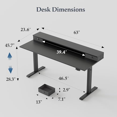 Klicelor 63 x24 Inch Electric Standing Desk with Drawers, Adjustable Height Small Sit Stand Desk for Home Office, Compact Computer Workstation with Storage– Black - Image 3