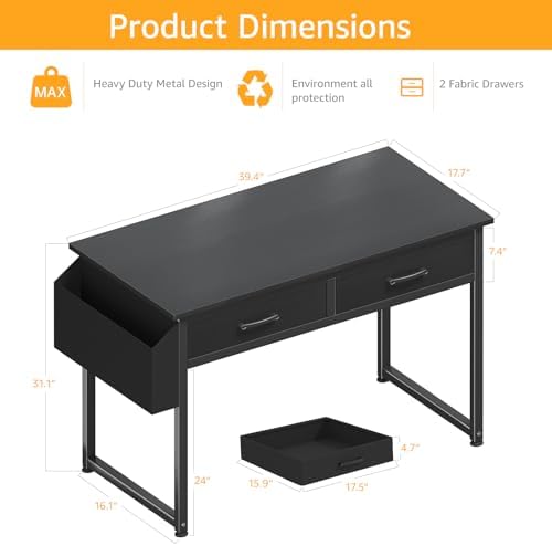 DLisiting Computer Desk with Fabric Drawers for Home Office Bedroom, 40 Inch Small Gaming Desk with 2 Drawers, Study Writing Table PC Desks, Black - Image 3