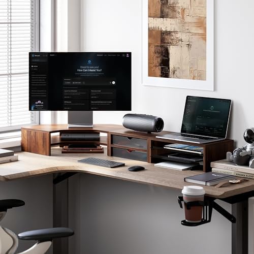 Fenge Dual Monitor Stand, Corner Desk Shelf with Drawer & Slide-Out Tray - Image 2