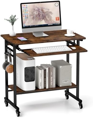Tangkula Rolling Computer Desk Cart with Keyboard Tray, Mobile Portable Laptop PC Desk with CPU Stand & 3 Hooks for Sofa & Bed, Industrial Small Desk on Wheels for Small Spaces, Home Office Desk by TANGKULA