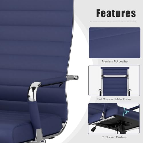 Okeysen Office Desk Chair, Ergonomic Leather Modern Conference Room Chairs, Executive Ribbed Height Adjustable Swivel Rolling Chair for Home Office Set of 6. (Blue) - Image 5