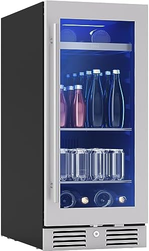 Zephyr Presrv 15" Slim Wine Fridge & Beverage Refrigerator Single Zone Under Counter - Narrow Mini Wine Cooler Small Beer Cabinet Drink Chiller Freestanding with Glass Door, 4 bottles, 64 cans by Zephyr